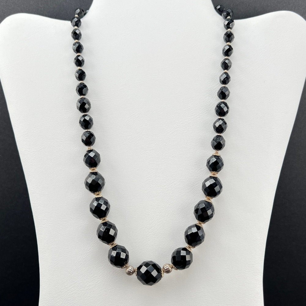 Vintage Beaded Necklace Graduated Black Faceted Glass Gold Tone Spacers 20"